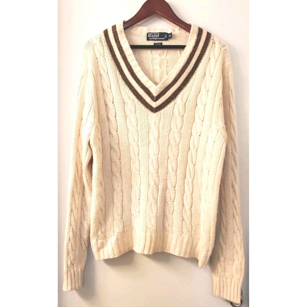 VTG Polo by Ralph Lauren Sweater XL Cricket Cable 99%Silk Cream& Brown V- Border
